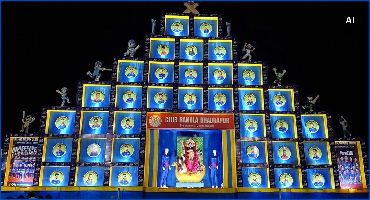 नेपाली क्रिकेट खेलाडीको तस्बिरमा सजिएको कालीपूजा पण्डाल