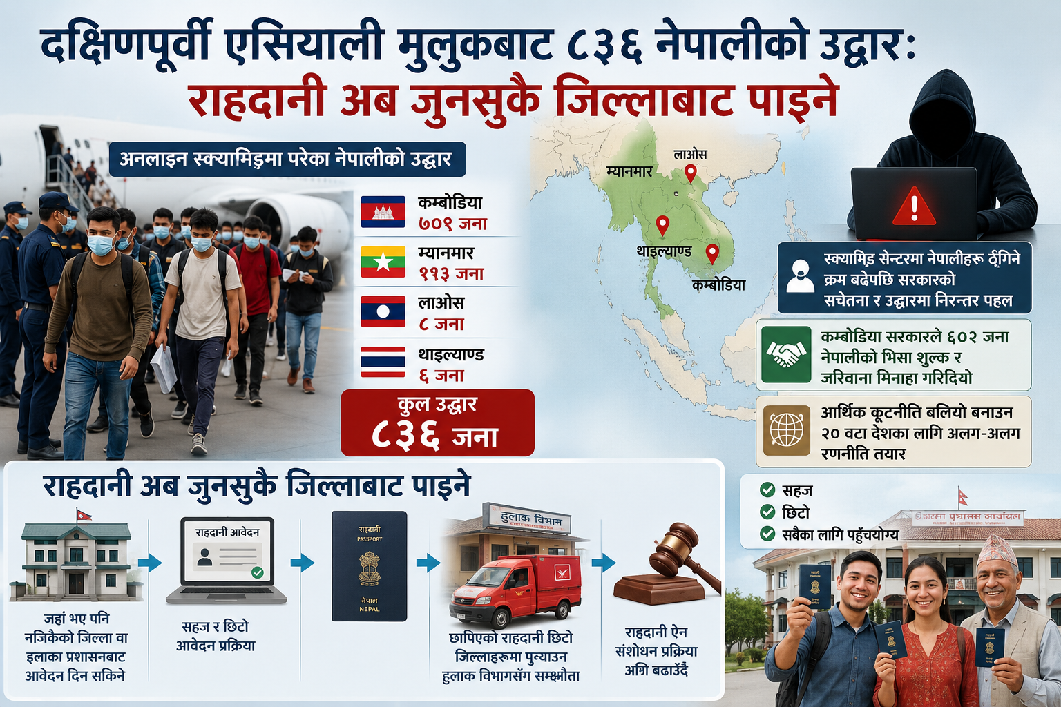 दक्षिणपूर्वी एसियाली मुलुकबाट ८३६ नेपालीको उद्धार: राहदानी अब जुनसुकै जिल्लाबाट पाइने
